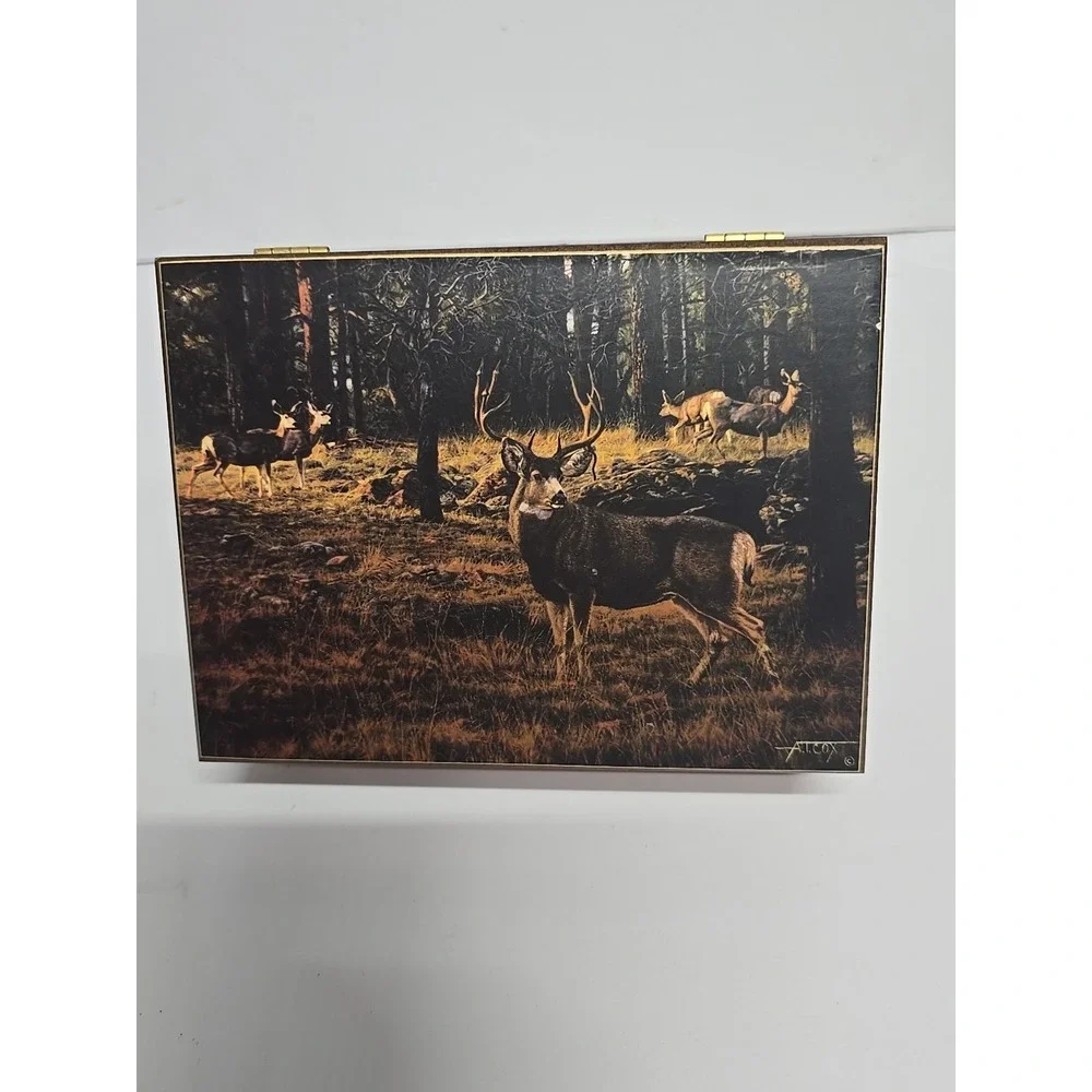 Vtg Deer Picture‎ Cedar Jewelry Box Mule Deer Picture Trinket A.T. Cox Hunter